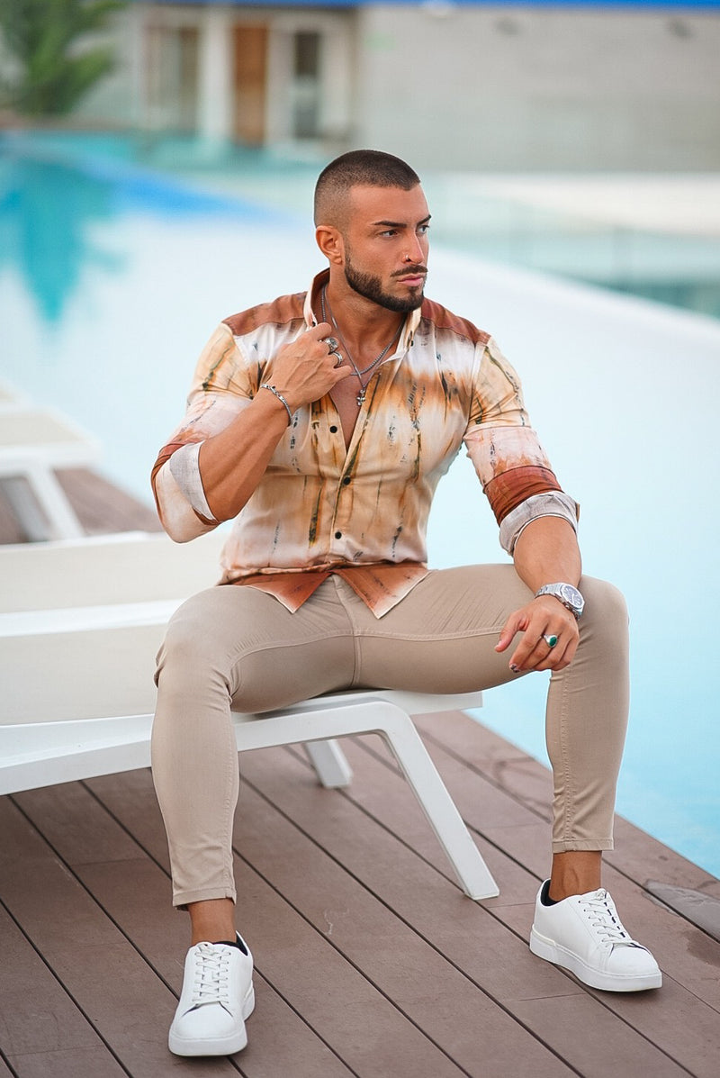 Father Sons Super Slim Stretch Neutral Tie Dye Print Long Sleeve with Button Down Collar - FS812