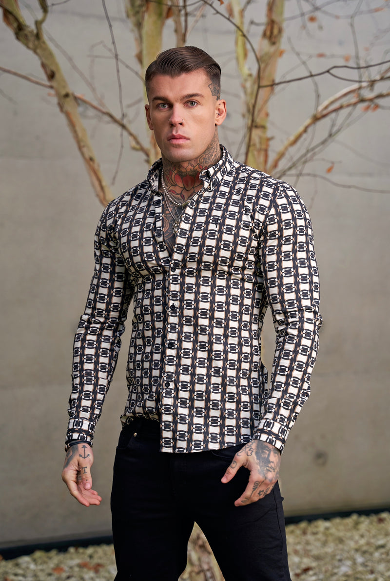 Father Sons Super Slim Stretch Black / Cream / Taupe Link Print Long Sleeve with Button Down Collar - FS848