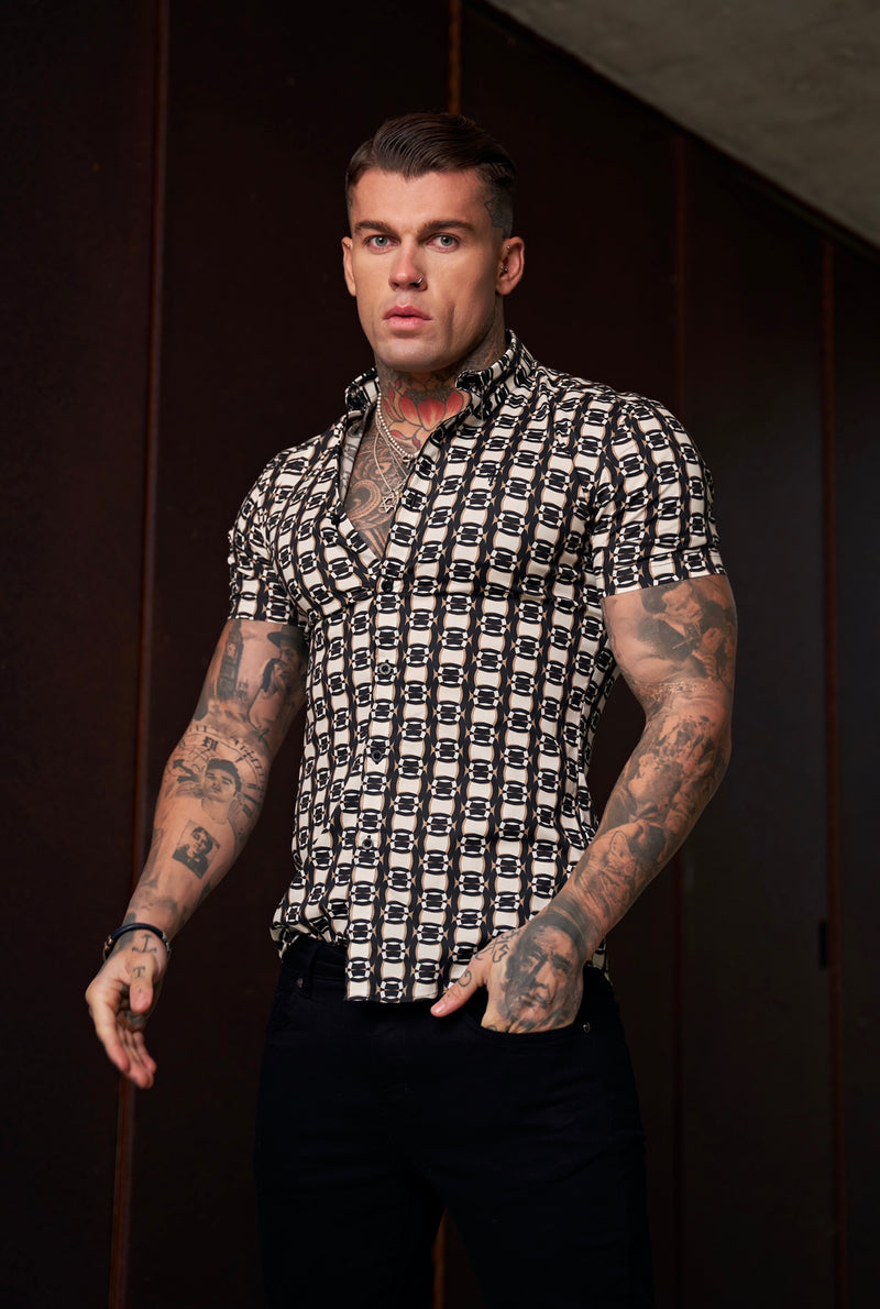 Father Sons Super Slim Stretch Black / Cream / Taupe Link Print Short Sleeve with Button Down Collar - FS849