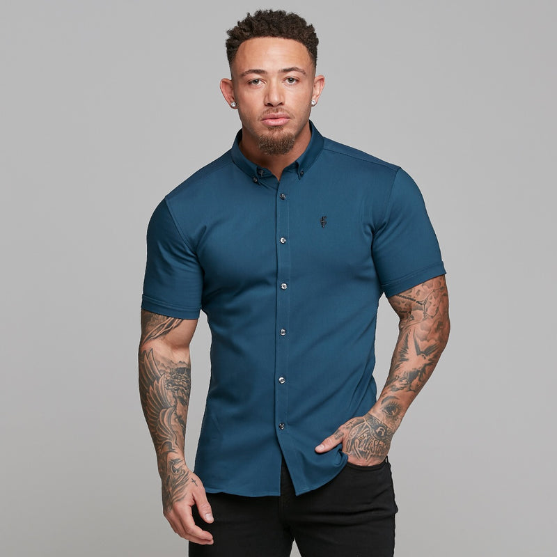 Father Sons Super Slim Ultra Stretch Classic Teal Short Sleeve (Anthrazitfarbene Knöpfe) – FS485