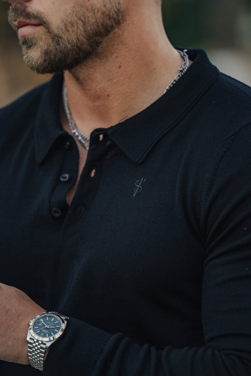 Father Sons klassischer schwarzer Polo-Pullover aus gestrickter Merinowolle mit langen Ärmeln und FS-Stickerei – FSN014