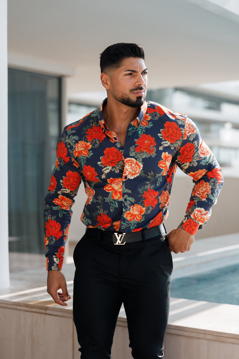 Father Sons Super Slim Stretch Navy and Red Floral Print Long Sleeve with Button Down Collar - FS840