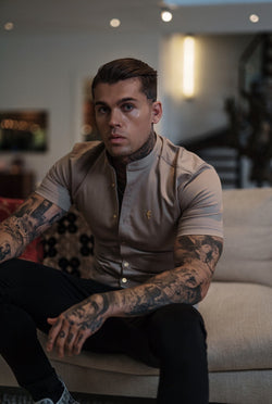 Father Sons Super Slim Stretch Beige Denim Short Sleeve Grandad collar with Gold Metal Buttons and Decal Emblem - FS764