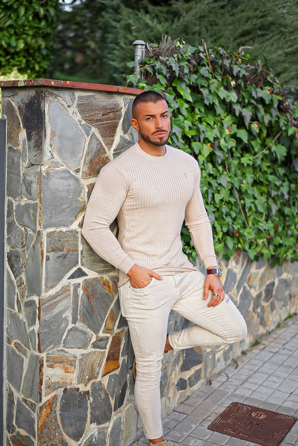 Father Sons Classic Beige Long Sleeve Ribbed Knit Super Slim Crew - FSH293