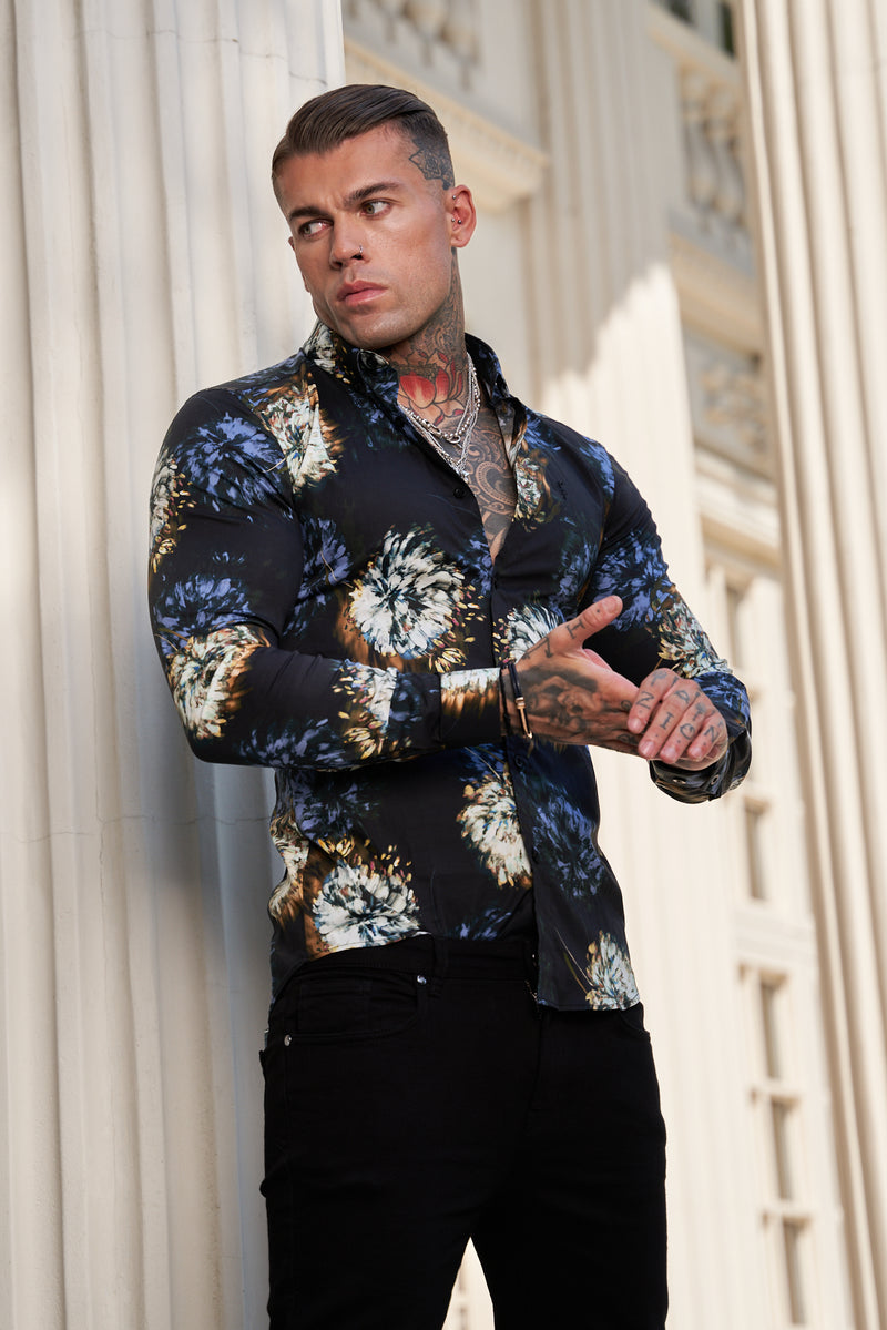 Father Sons Super Slim Stretch Black Base Blurred Flower Print Langarmshirt mit Button-Down-Kragen – FS800