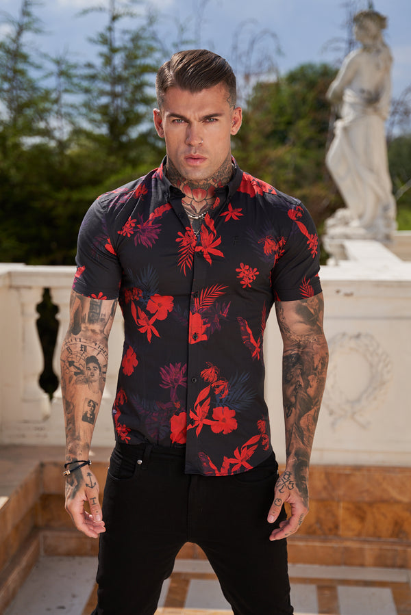 Father Sons Super Slim Stretch Black and Red Floral Print Short Sleeve with Button Down Collar - FS767