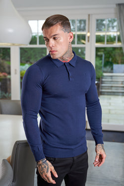 Father Sons Classic Navy Merino Wool Knitted Polo Jumper Long Sleeve With FS Embroidery- FSN015