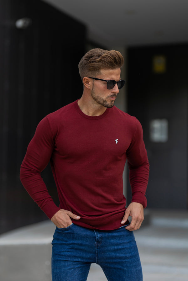 Father Sons Classic Burgundy Light Weight Knitted Crew Neck with Metal Decal - FSN097
