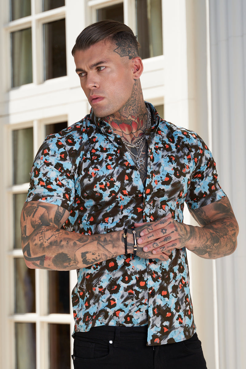 Father Sons Super Slim Stretch Multi Colour Abstract Leopard Print Short Sleeve with Button Down Collar - FS790