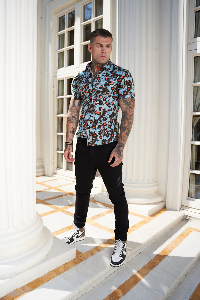 Father Sons Super Slim Stretch Multi Colour Abstract Leopard Print Short Sleeve with Button Down Collar - FS790