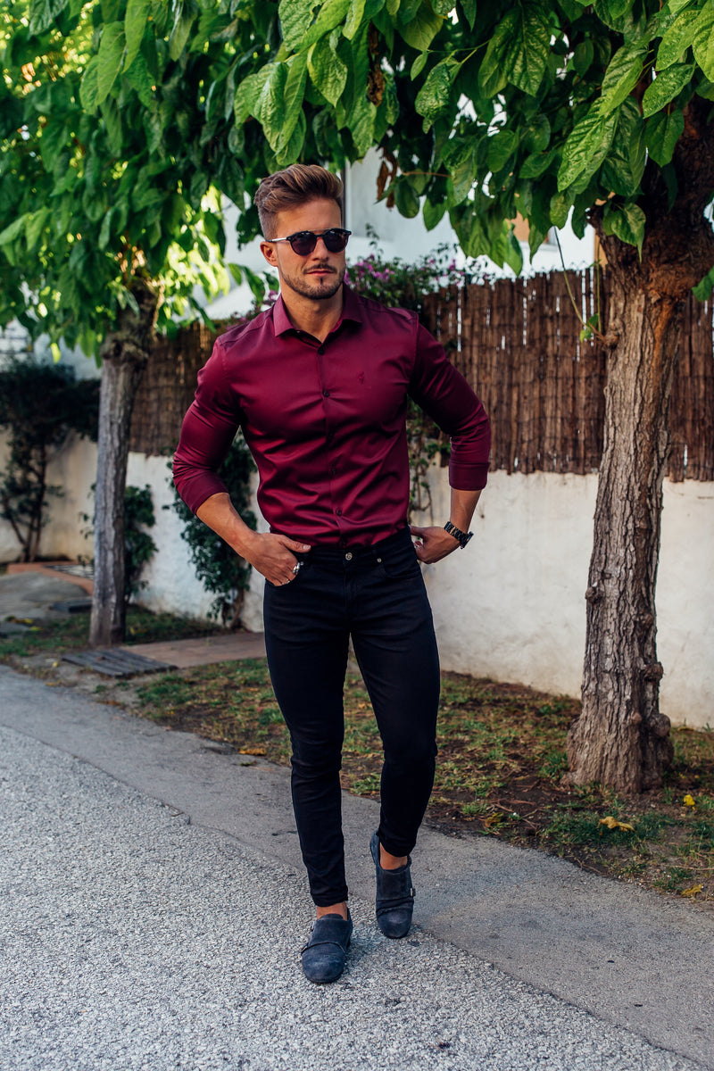 Father Sons Slim Sateen Burgundy Long Sleeve - FS549