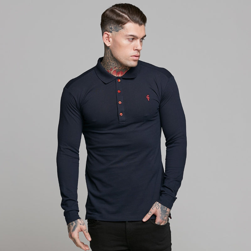 Father Sons Classic Navy and Red Contrast Polo Shirt Long Sleeve - FSH326