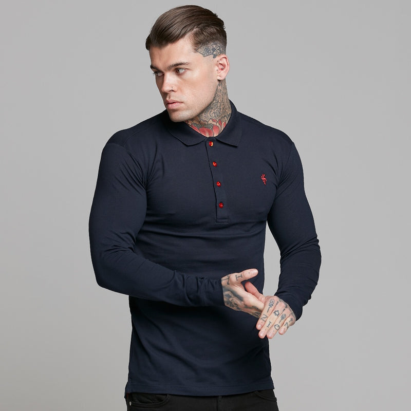 Father Sons Classic Navy and Red Contrast Polo Shirt Long Sleeve - FSH326